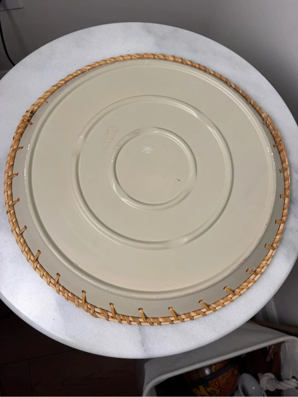 Vintage Rattan Wicker & Cream Metal Round Serving Tray